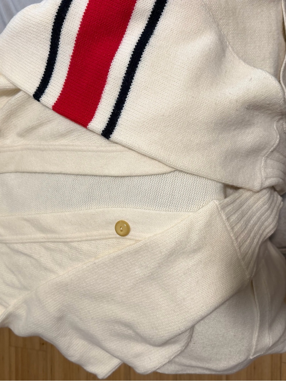 Vintage Men's Cream Cardigan with Red and Navy Stripe Accent